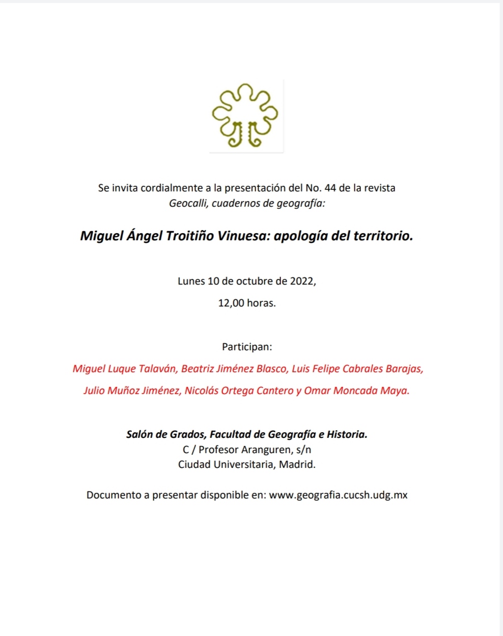 Presentación revista GEOCALLI, número dedicado a Miguel Ángel Troitiño