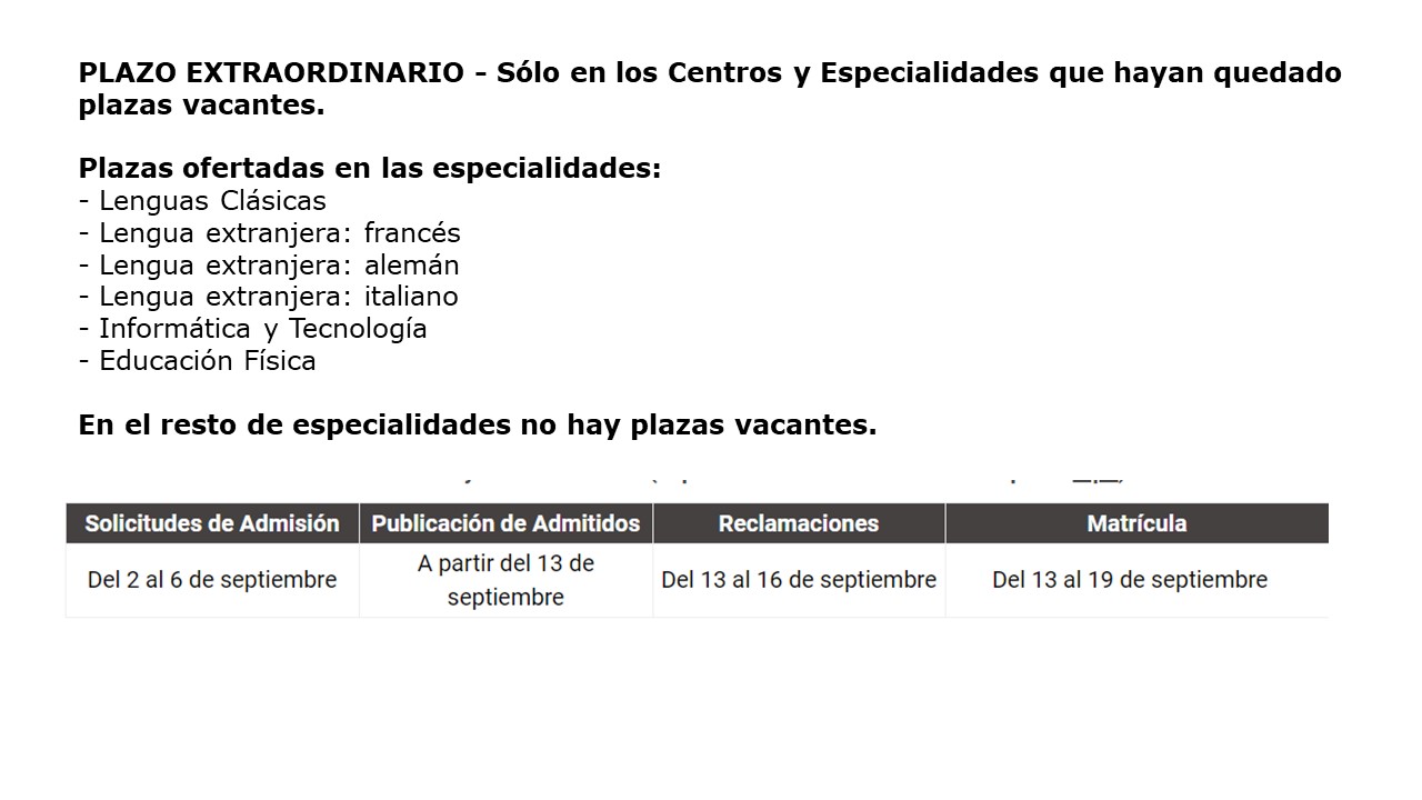 Apertura plazo extraordinario de preinscripción: SOLO ESPECIALIDADES DE MATEMÁTICAS, INFORMÁTICA, EDUCACIÓN FÍSICA, ALEMÁN, ITALIANO, FRANCÉS Y CLÁSICAS 