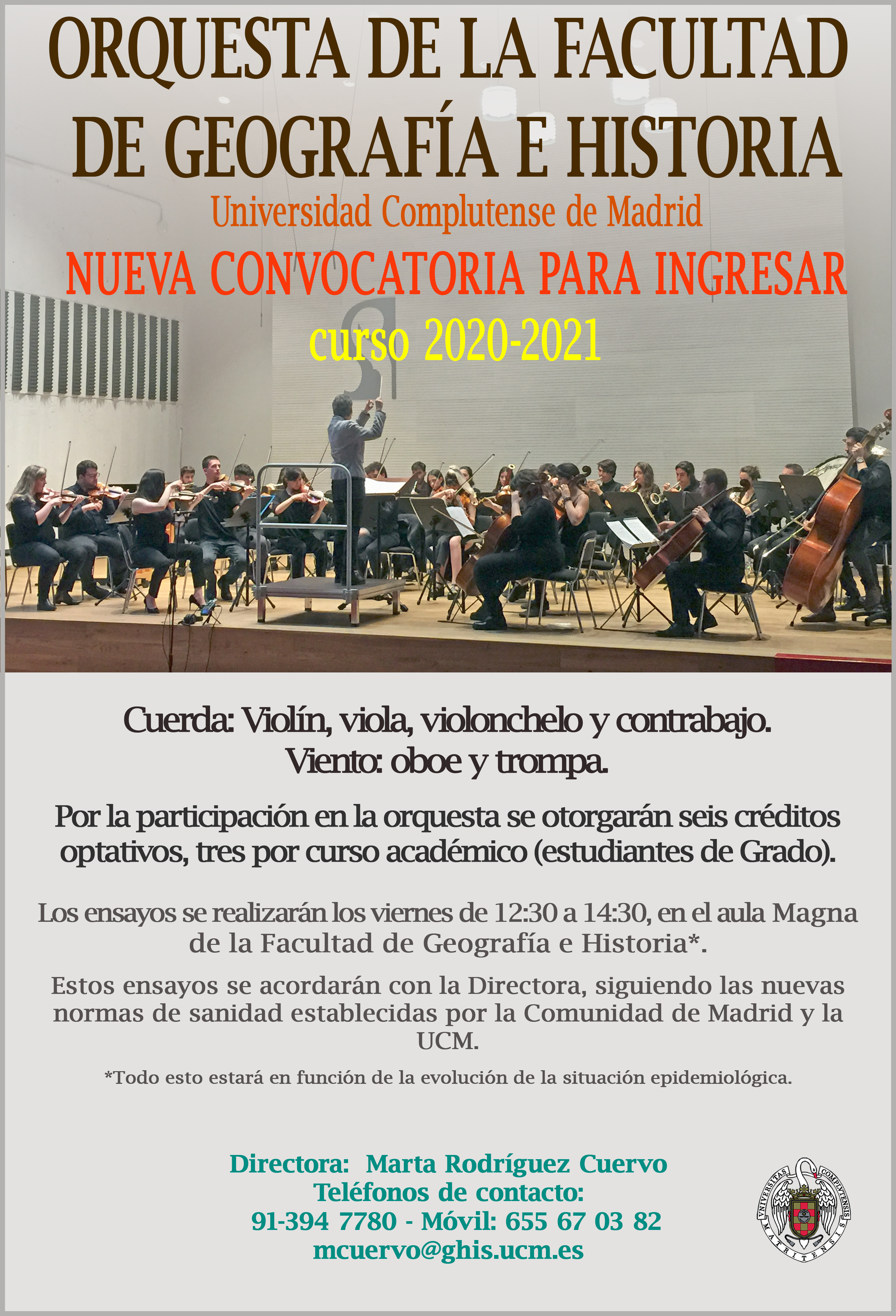 Nueva convocatoria para ingresar en la Orquesta de la Facultad de Geografía e Historia, UCM. Curso 2020-2021