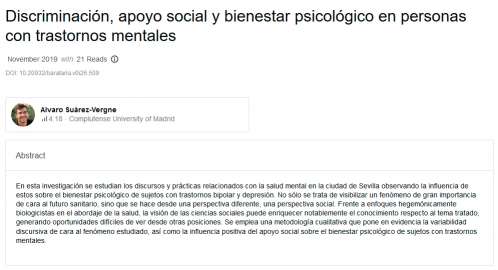 Álvaro Suárez Vergne: "Discriminación, apoyo social y bienestar psicológico en personas con trastornos mentales"