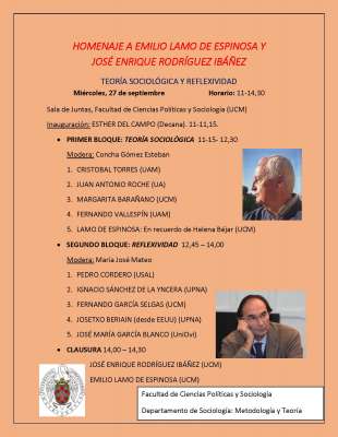 Homenaje a Emilio Lamo de Espinosa y José Enrique Rodríguez Ibáñez y en recuerdo a Helena Bejar. Miércoles, 27 de septiembre. Sala de Juntas de la Facultad de Ciencias Políticas y Sociología