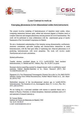 CSIC: 2 year Contract to work on Emerging phenomena in low-dimensional oxides heterostructures (Instituto de Ciencia de Materiales de Madrid, CSIC)