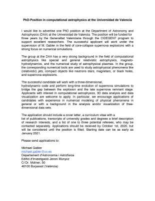 PhD-Position in computational astrophysics at the Universidad de Valencia