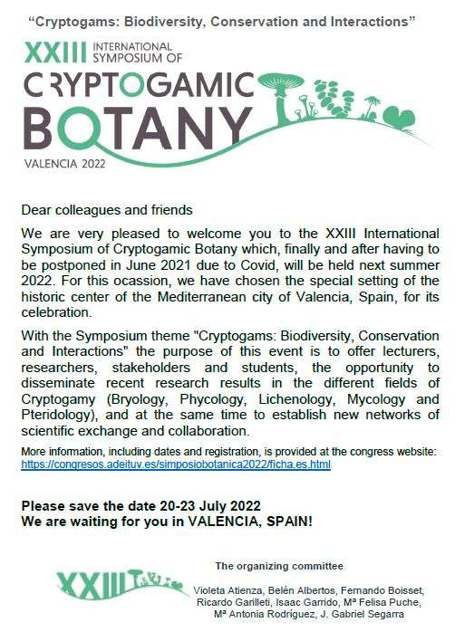 «Cryptogams: Biodiversity, Conservation and Interactions» XXIII International Simposium Cryptogamic Botany. Valencia, 2022 - 1