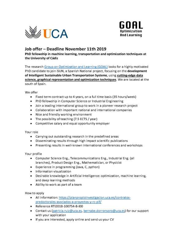 Job offer – Deadline November 11th 2019 PhD fellowship in machine learning, transportation and optimization techniques at the University of Cádiz - 1