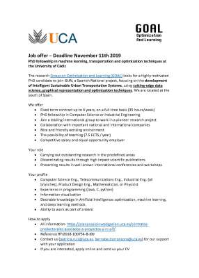 Job offer – Deadline November 11th 2019 PhD fellowship in machine learning, transportation and optimization techniques at the University of Cádiz