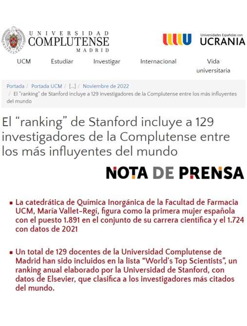 María Vallet primera mujer española. Ranking investigadores Universidad de Stanford - 1