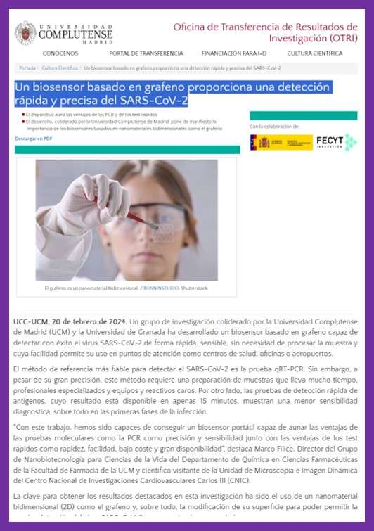 Un biosensor basado en grafeno proporciona una detección rápida y precisa del SARS-CoV-2