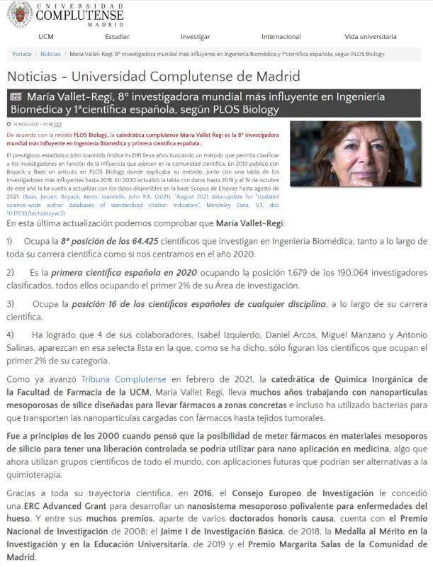 María Vallet-Regí, 8th most influential researcher worldwide in Biomedical Engineering - 1
