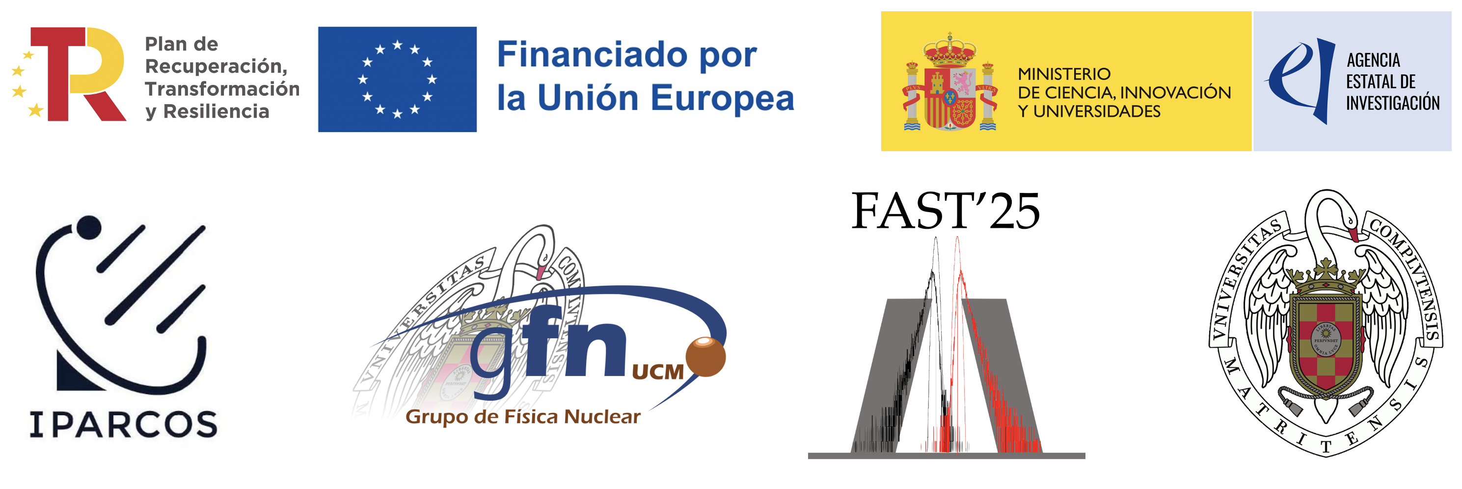 Logos sponsors congreso FAST25. Plan de Recuperación, Transformación y Resiliencia, Financiado por la UE, Ministerio de Ciencia, Innovación y Universidades, IPARCos, GFN, Facultad de Ciencias Físicas UCM