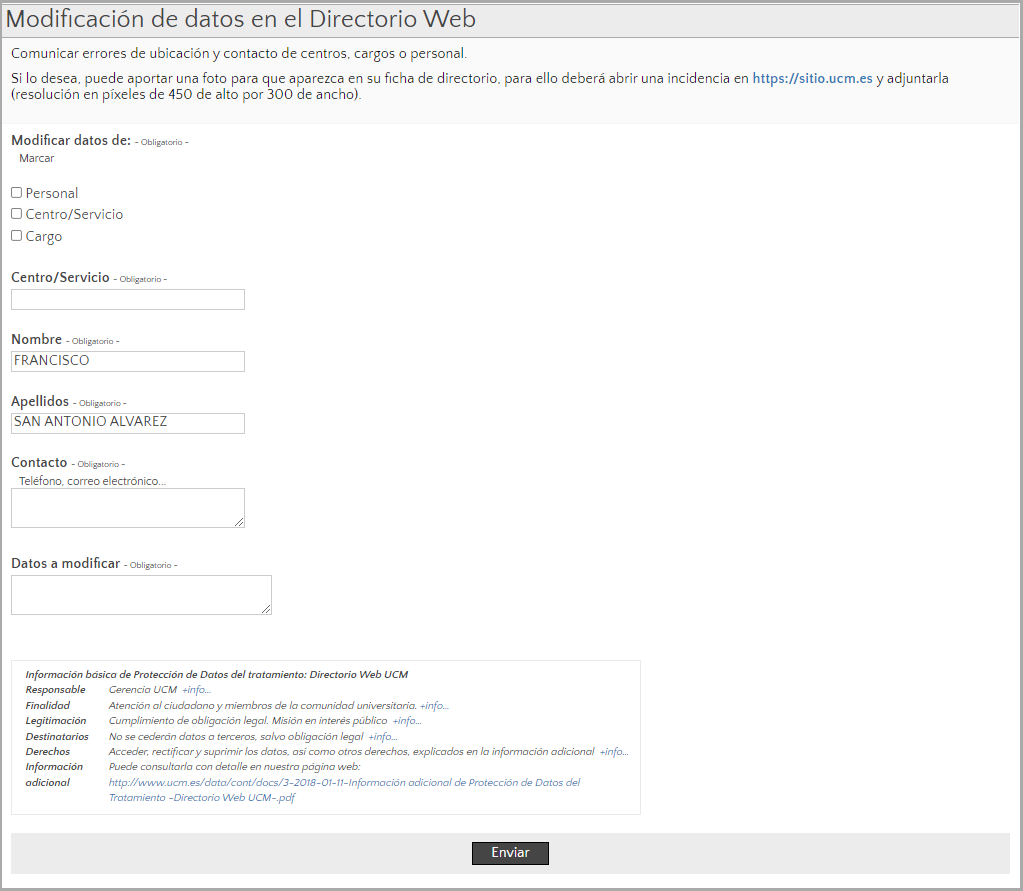 Formulario para comunicar datos incorrectos del Directorio