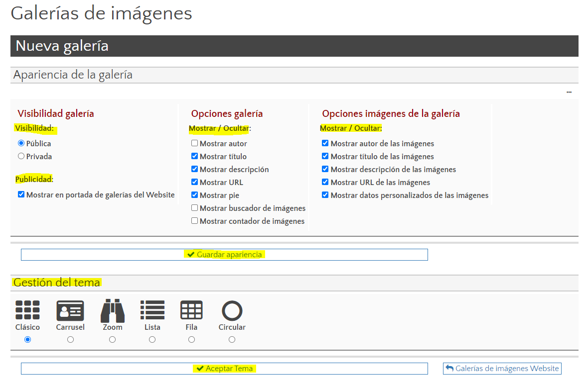 Configuración apariencia galería