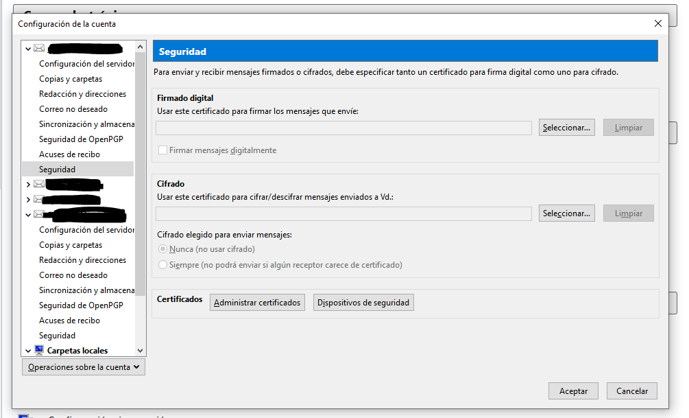 Herramientas->Configuración de la cuenta->Seguridad