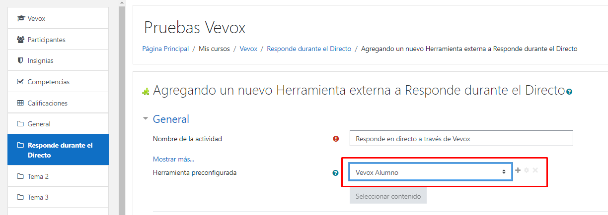 Vevox Estudiante, configuración.