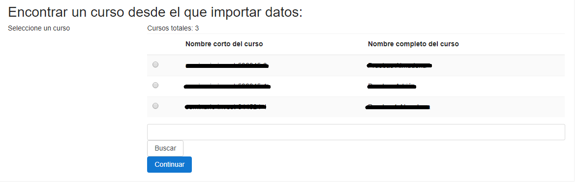 lista de cursos disponibles para importar