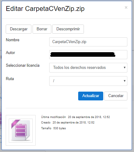 Ventana para editar carpeta .zip