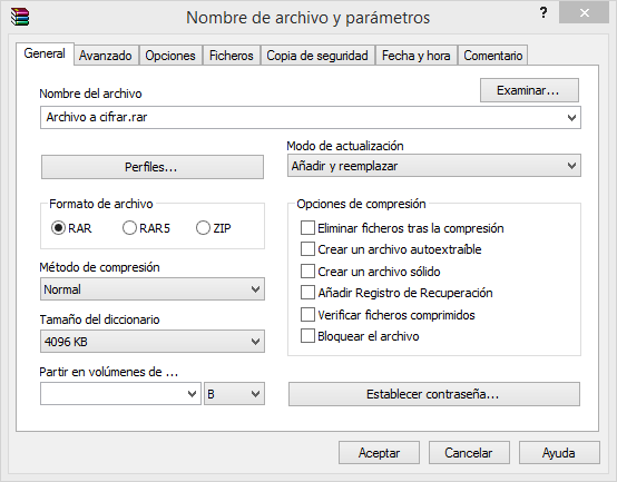 Imagen de las opciones principales de compresión de Winrar