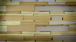 pared de libros apilados de distinto tamaño