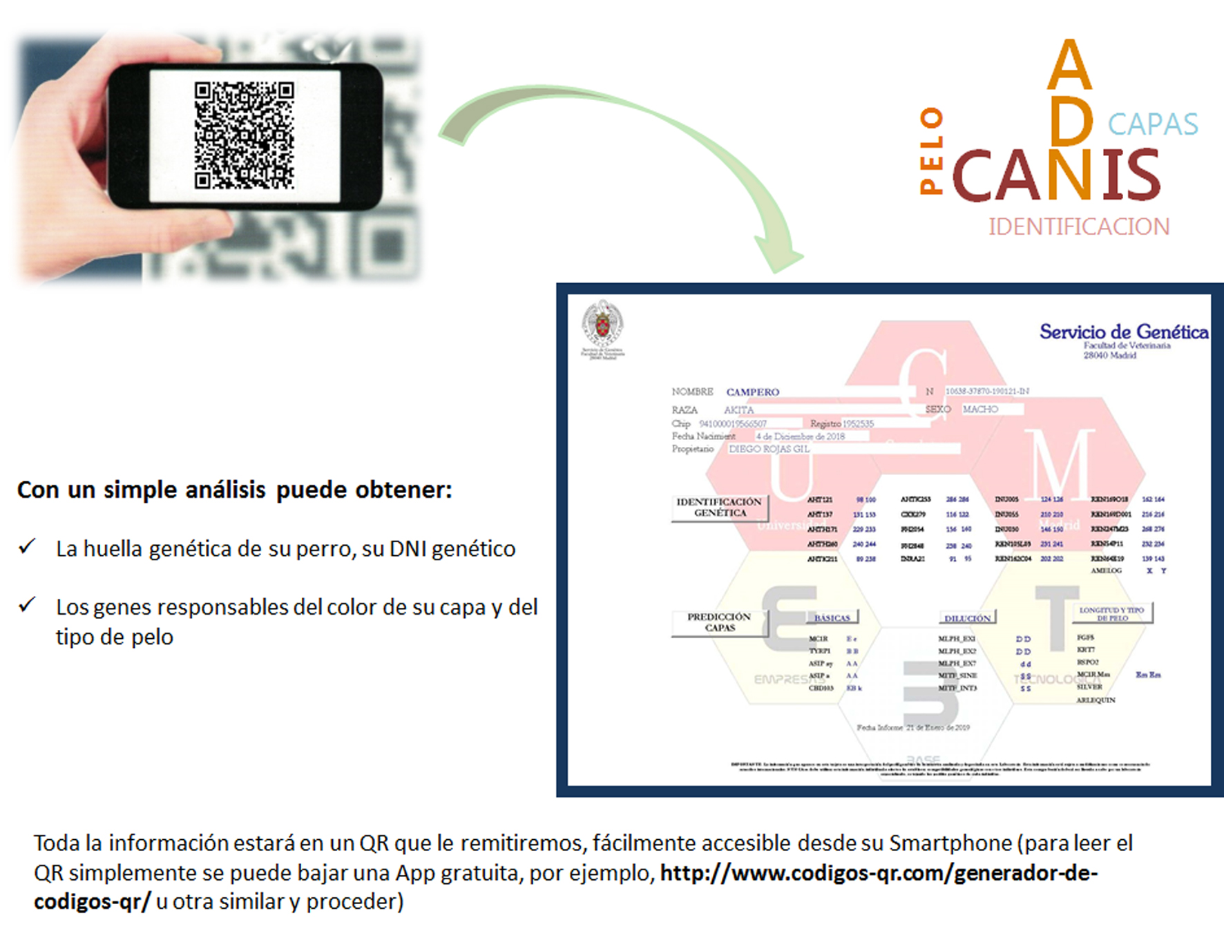 Ejemplo de lectura de un código de barras tipo QR que permite acceder a la información genética de un perro