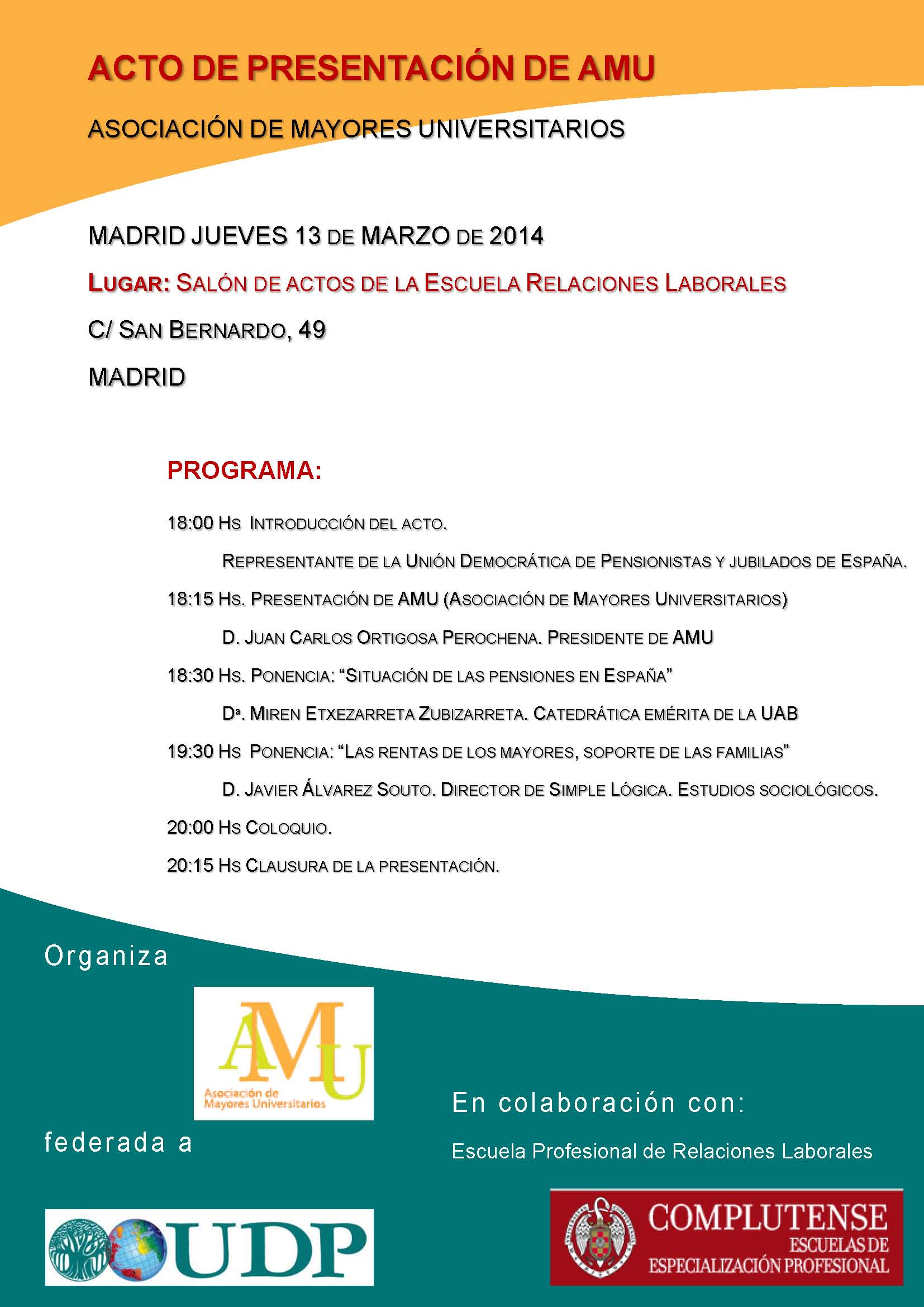 Cartel Acto de presentación de AMU (Asociación de Mayores Universitarios)