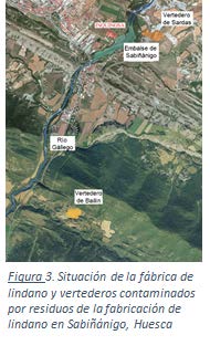 Figura 3. Situación de la fábrica de lindano y vertederos contaminados  por residuos de la fabricación de lindano en Sabiñánigo, Huesca