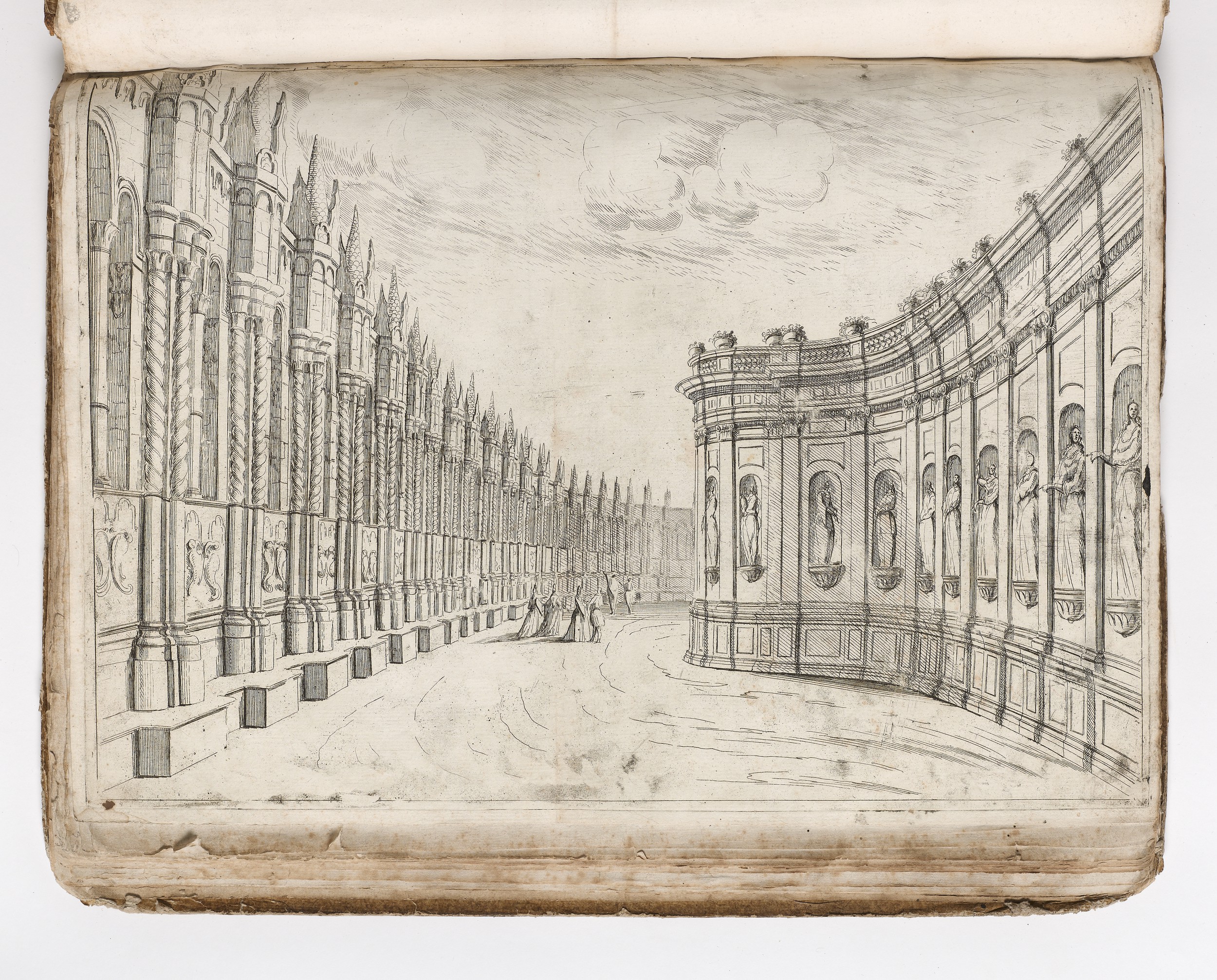 Ferdinando Bibiena. Varie opere. 1717. Scenografia teatrale: Cortile interno di palazzo con statue. Museo teatrale alla Scala, Milán.
