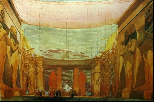 Bakst. Diseño para la representación de Cleopatra por los Ballets Rusos de Diaghilev, 1909. Historicismos Escenográficos de Vanguardia.