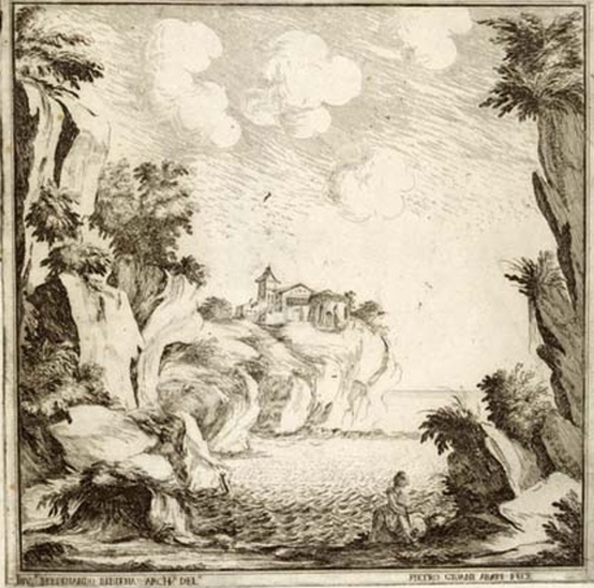 Ferdinando Bibiena. Varie opere. 1717. Scenografia teatrale costa rocciosa. Museo teatrale alla Scala