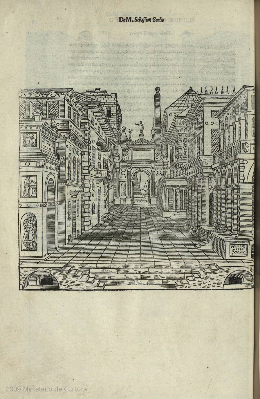 Sebastiano Serlio. 1551. Propuesta de composición escenográfica para escena de temática trágica.