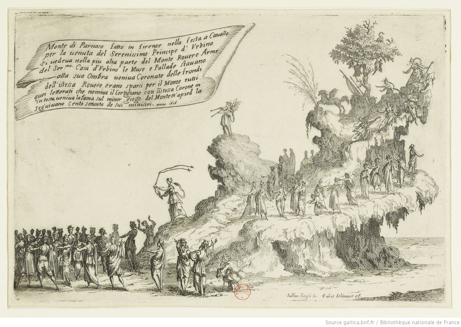 Parigi. Carro del Parnaso. Guerra de la Belleza. 1616. Callot. Gallica.