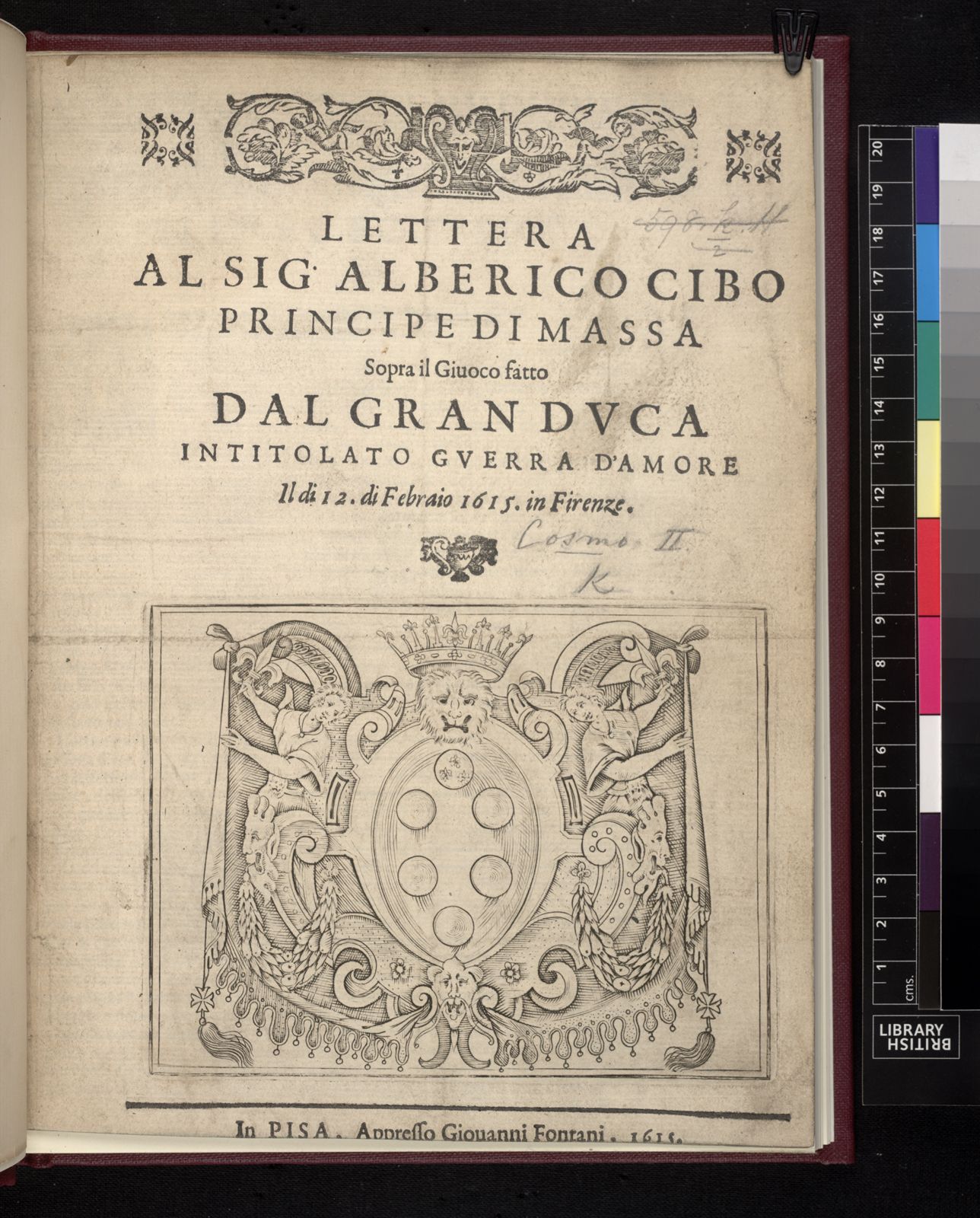 Portada.Giulio Parigi. Libreto de Guerra di Amore. 1615/1616. British Library