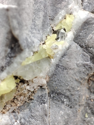 Fracturas en roca madre (Berriasiense) con mineralización asociada a la migración de los hidrocarburos (calcita, azufre nativo, cuarzo, galena, etc.)