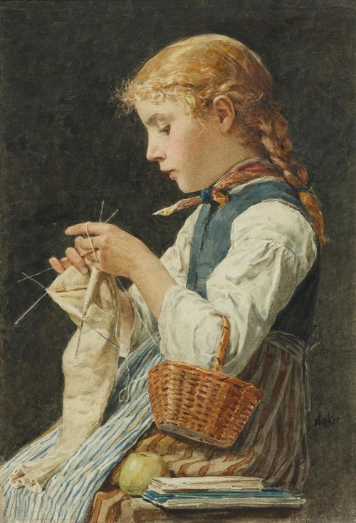 albert anker - girl knitting - 1884