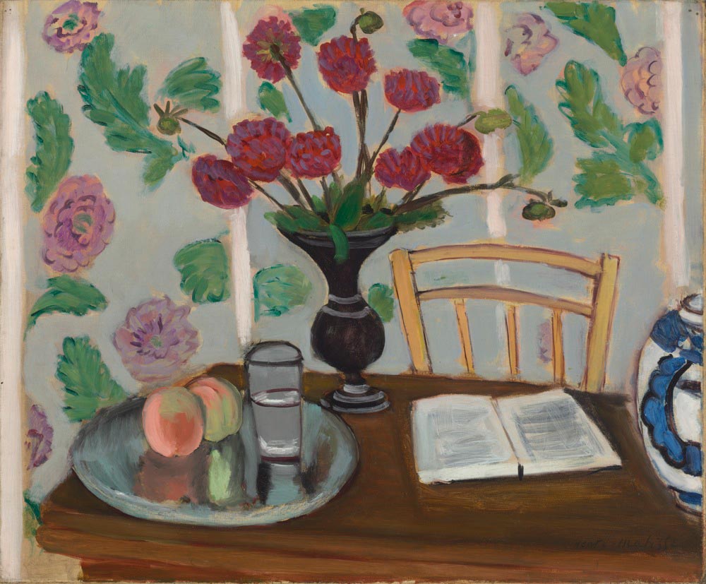Still Life, Bouquet of Dahlias and White Book, 1923
