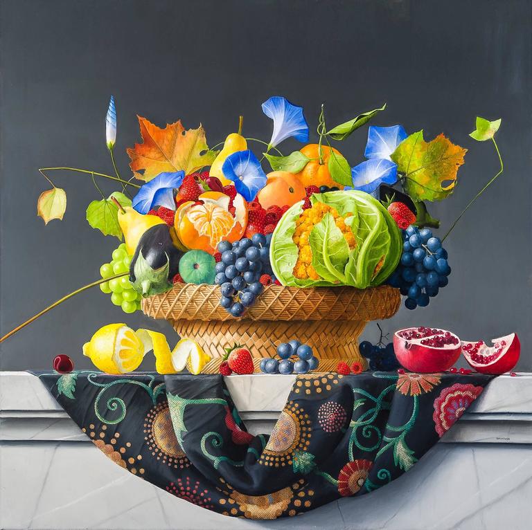 james aponovich - still life with basket of fruits and vegetables - 2015