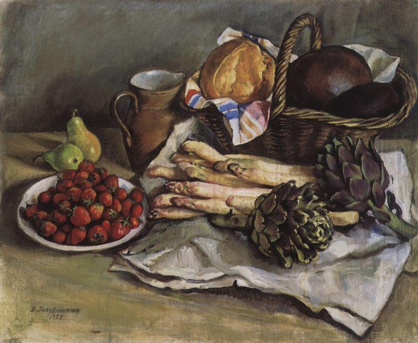 Zinaida Serebriakova-Still life with asparagus and strawberries-1932