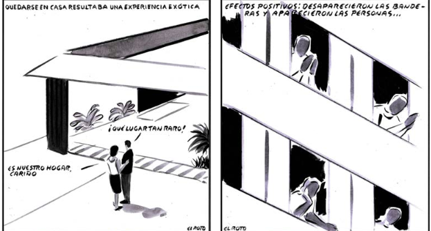 Viñetas de El Roto en El País el 16 de marzo y el 8 de abril, respectivamente. / El País. 