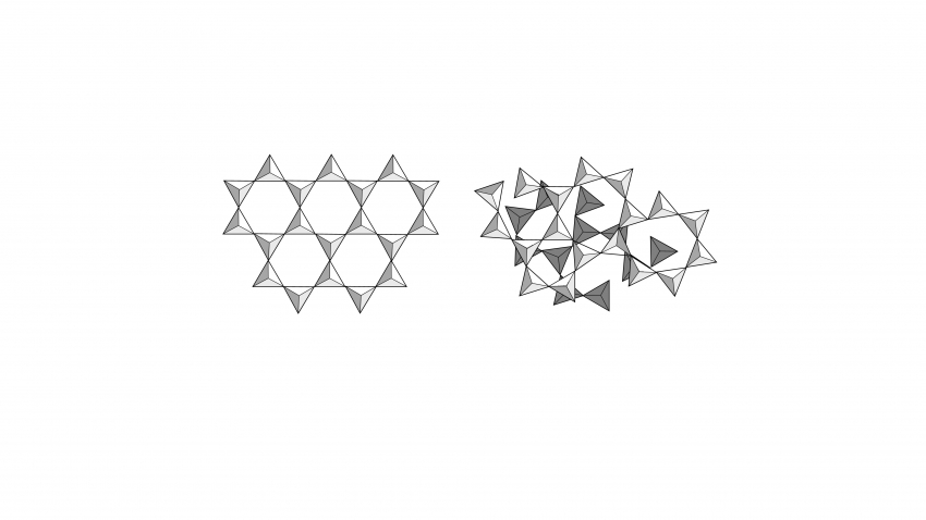 Diferencia entre la (a) estructura ordenada de un cristal. y la (b) estructura con distribución aleatoria del vidrio. / M.L. López García