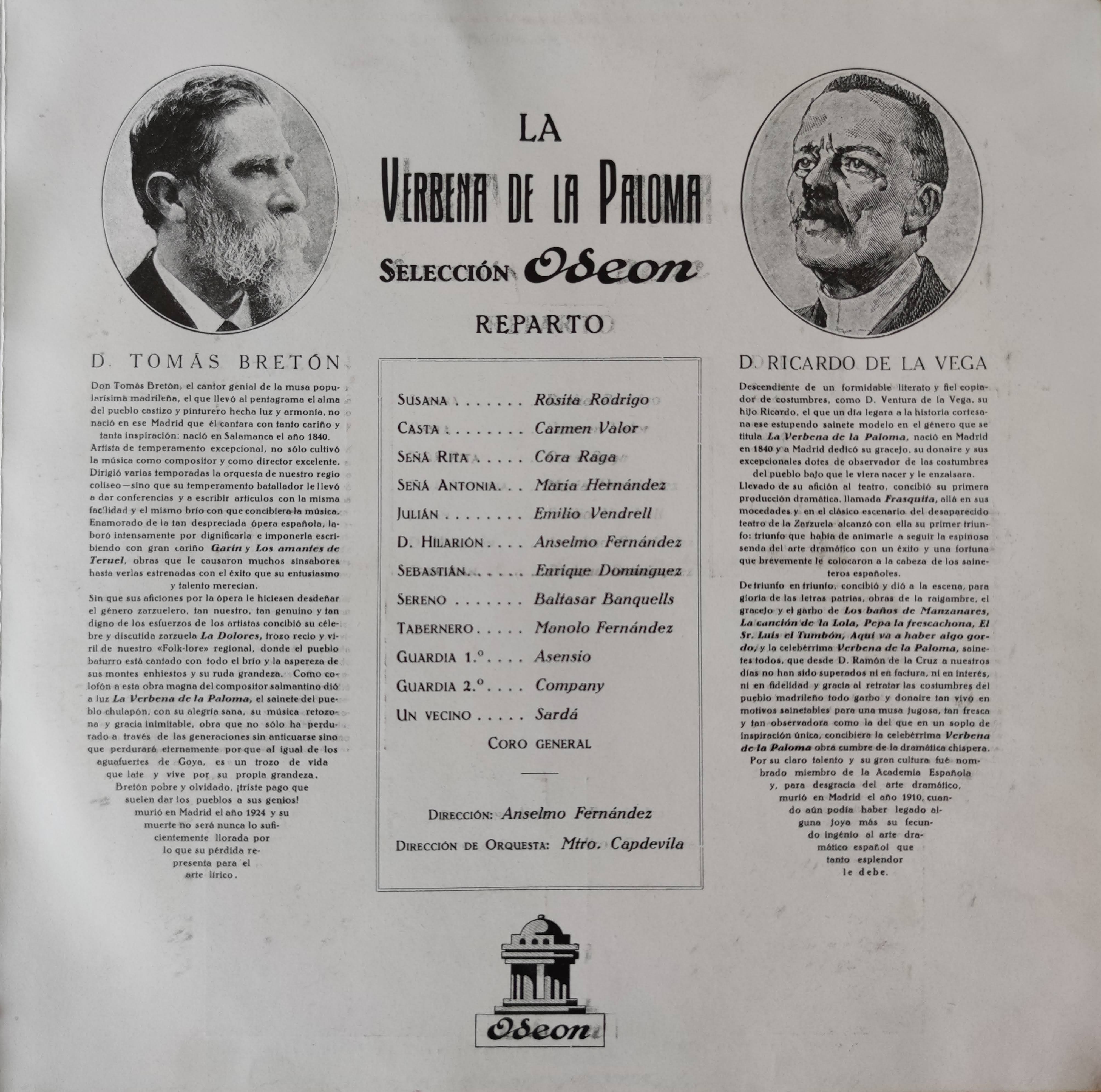 Intérpretes La Verbena de la Paloma (Odeon, ca. 1931)